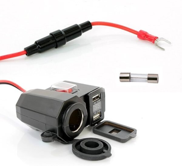 مخرج طاقة وشاحن للدراجات النارية مقاوم للماء بمنفذ USB ومخرج ولاعة 12 فولت تيار مستمر (لقياس 22-29 ملم)