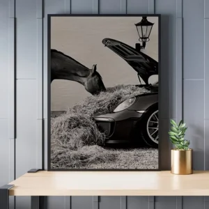 Horse Eating Hay From Classic Porsche Poster - Luxury Humor Wall Art لوحه جداريه بورش