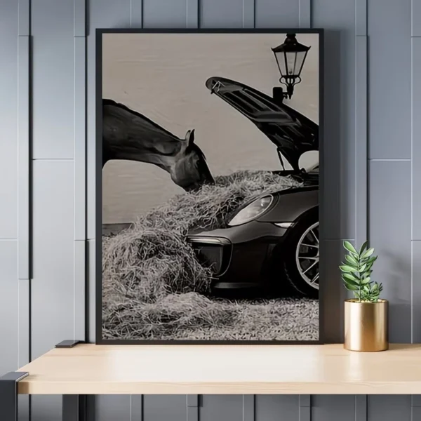 Horse Eating Hay From Classic Porsche Poster - Luxury Humor Wall Art لوحه جداريه بورش