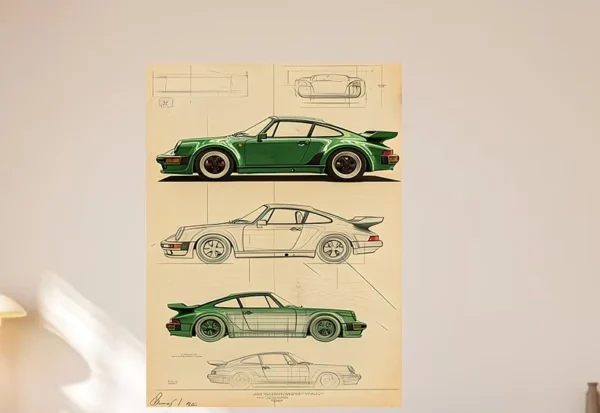 ملصق قماشي للسيارة الرياضية القديمة رسم تقني بدون إطار Porsche 911
