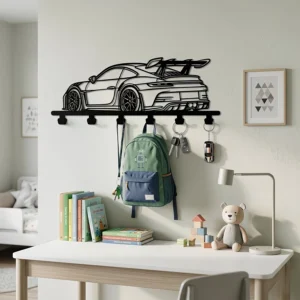 حامل وخطافات جدارية معدنية بتصميم ظلي لسيارة بورش الرياضية باللون الأسود المطفي (Premium wall-mounted metal