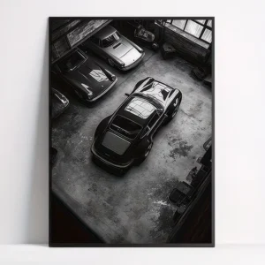 لوحة جدارية لمرآب سيارات بورش كلاسيكية بالأبيض والأسود Vintage Porsche Garage Black & White Canvas Art