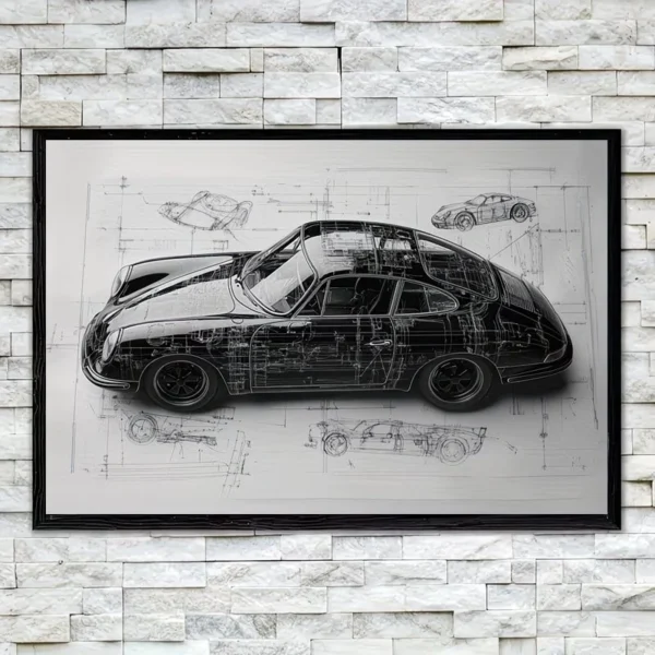 Porsche 911 Blueprint Wall Art - لوحة بورش الكلاسيكية الهندسية