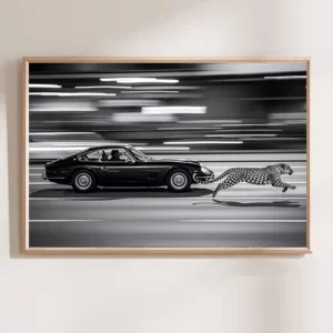 لوحة سيارة كلاسيكية وفهد شيتا - Vintage Car & Cheetah Black & White Wall Art