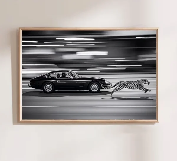 لوحة سيارة كلاسيكية وفهد شيتا - Vintage Car & Cheetah Black & White Wall Art