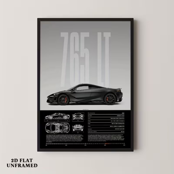 ملصق ماكلارين 765LT الفني الأسود - مخطط المواصفات والمخططات الهندسية الخارقةMcLaren 765LT Black Art Poster