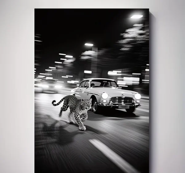 لوحة فنية جدارية بالأبيض والأسود - Vintage Car & Cheetah Modern Wall Art