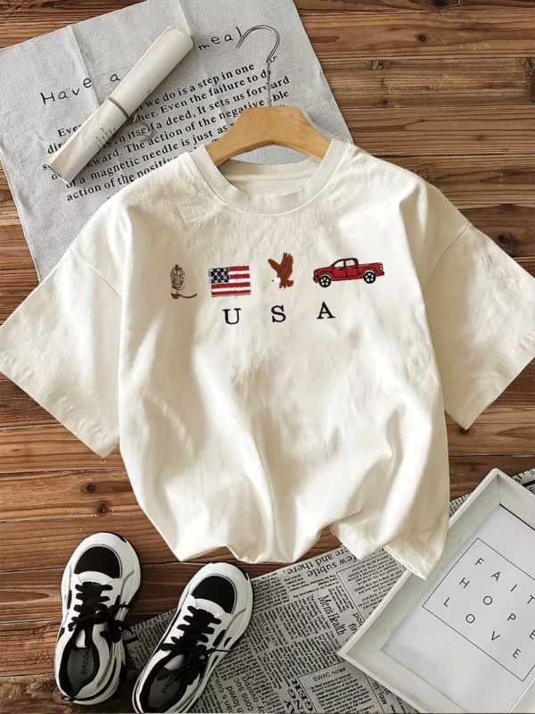 تي شيرت صيفي بتصميم ريترو، يتميز بعلم الولايات المتحدة والنسر وطبعة جرافيك - Temu Oman / Retro style summer