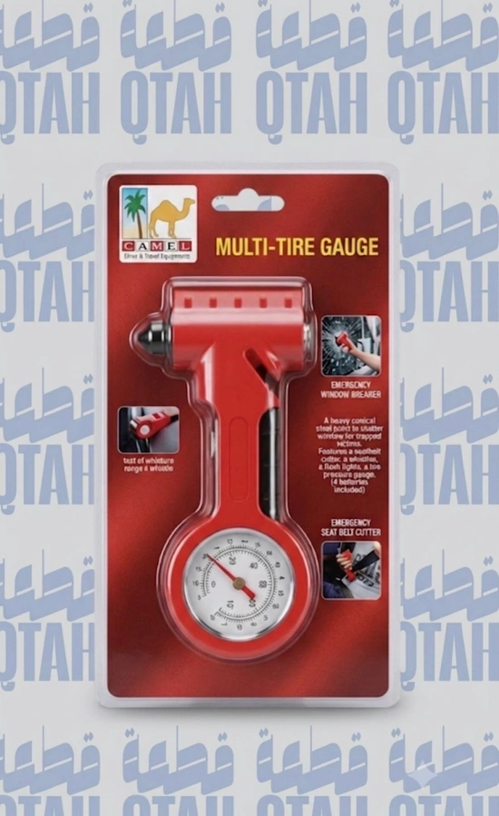 عيار ضغط إطارات ساعة مع مطرقة طوارئ متعددة الوظائفEn: Camel Multi-Tire Gauge & Emergency Tool