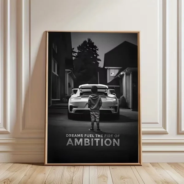 1pc Frameless Canvas Print Poster - Dreams Fuel The Fire Of Ambition | لوحة كانفاس تحفيزية - طفل وسيارة رياضية