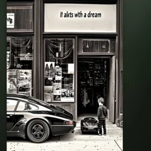 بوستر بورش تحفيزي بالأبيض والأسود - كل شيء يبدأ بحلم Porsche Motivational Black & White Poster - It All