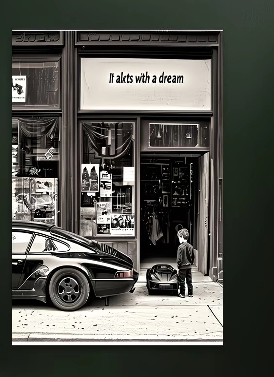 بوستر بورش تحفيزي بالأبيض والأسود - كل شيء يبدأ بحلم Porsche Motivational Black & White Poster - It All