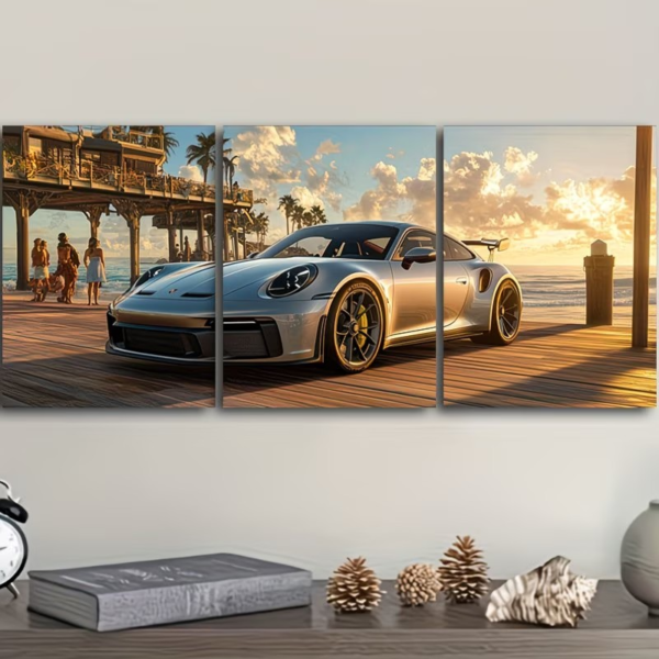 لوحة جدارية قماشية 3 قطع - بورش 911 GT3 على الرصيف البحري وقت الغروب 3-Piece Porsche 911 GT3 Beach Pier
