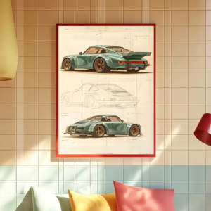 ملصق قماش بورشه 911 كلاسيكي بتصميم مخطط هندسي عتيق - لوحة جدارية لعشاق السيارات