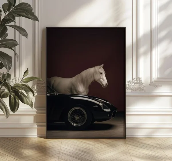 لوحة الخيل الأبيض والسيارة الكلاسيكية - White Horse & Classic Car Luxury Wall Art Print